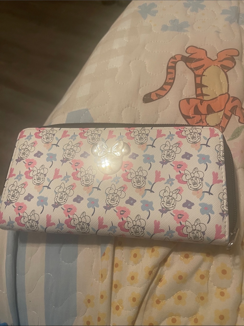Floral Cartoon Zip-Around Wallet in White with Pink & Blue Accents Minnie Mouse